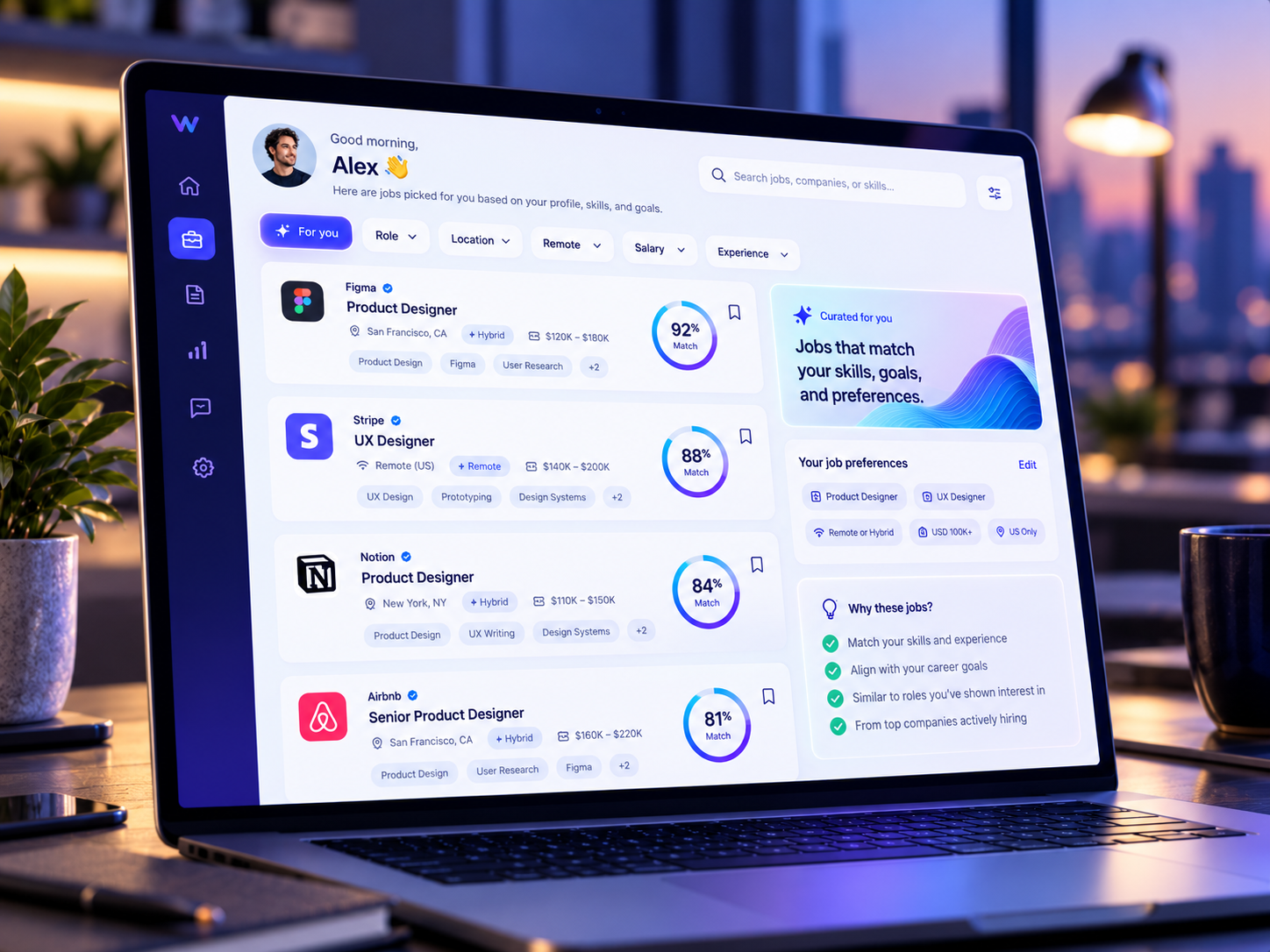 Workspace where a candidate reviews personalized applications